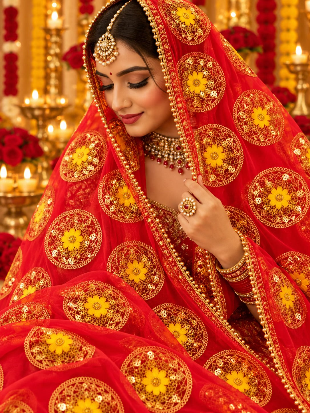 Red Embroidered Net Fabric with Golden Dori, Sequins & Yellow Thread Work