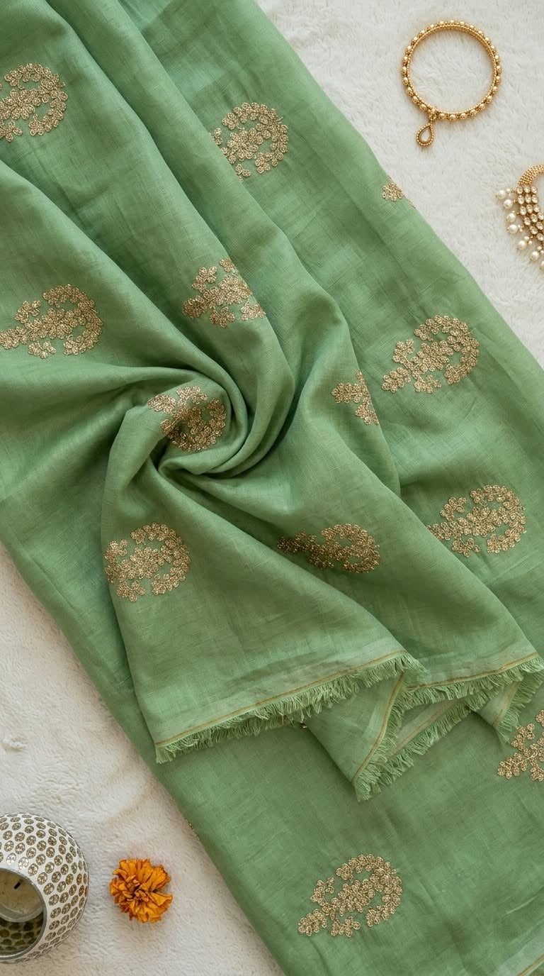 Pastel Green Chanderi Fabric with Light Golden Cord Embroidery