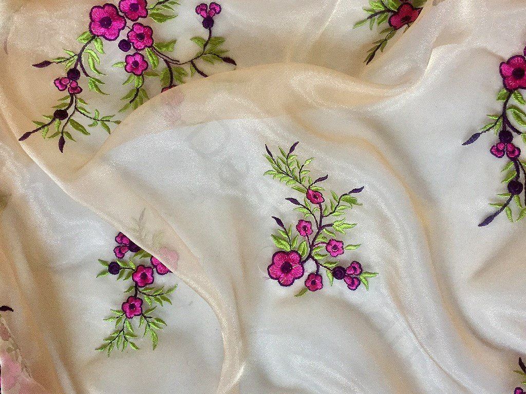 Off White Flower Embroidered Organza Fabric