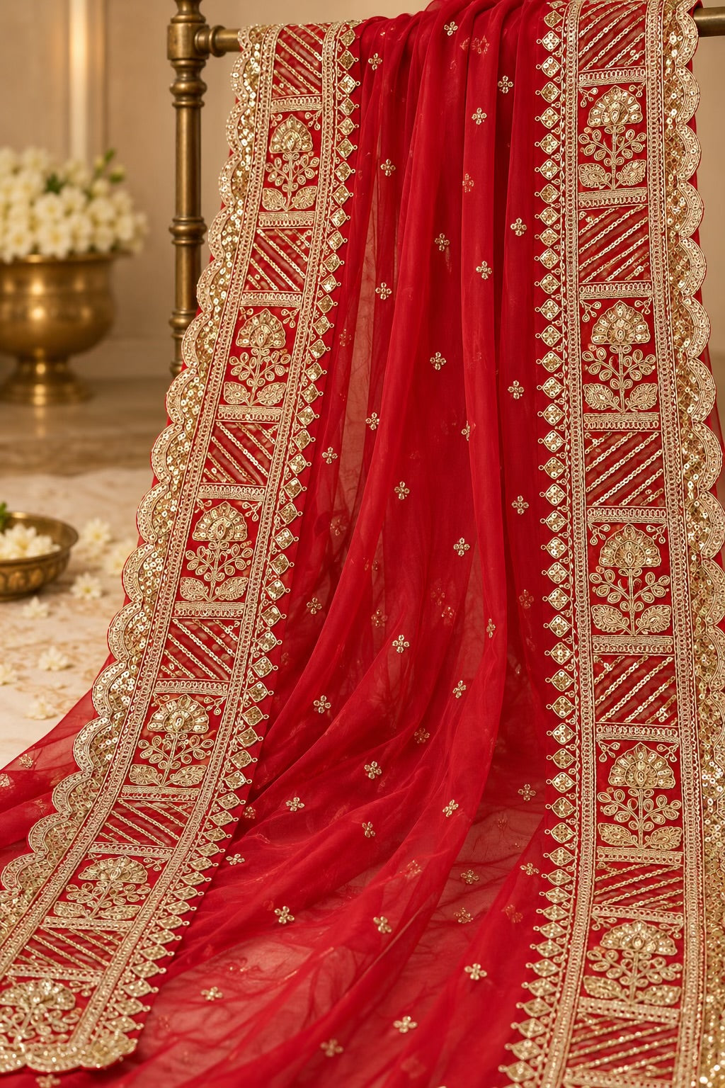 Heavy Light Golden Embroidered Border on Red Mul Chanderi Fabric – 6.5 Inches