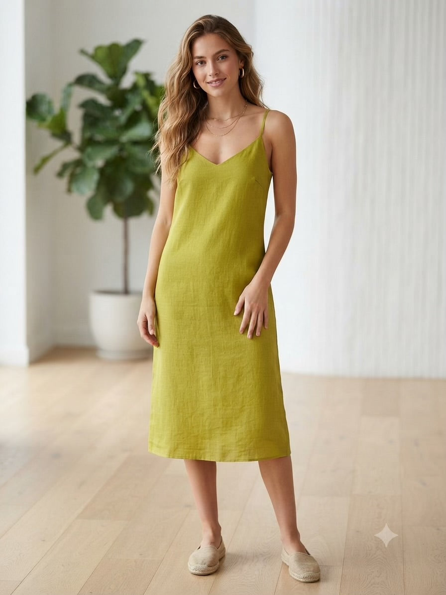 Premium Olive- Yellow with melange Glow 100% Pure Linen 60 Lea Fabric(0% Cotton)