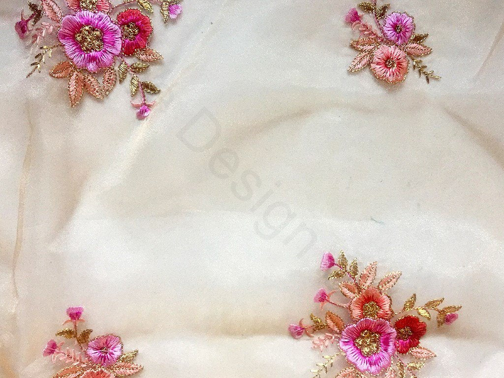 Off White Flower Design 4 Embroidered Organza Fabric