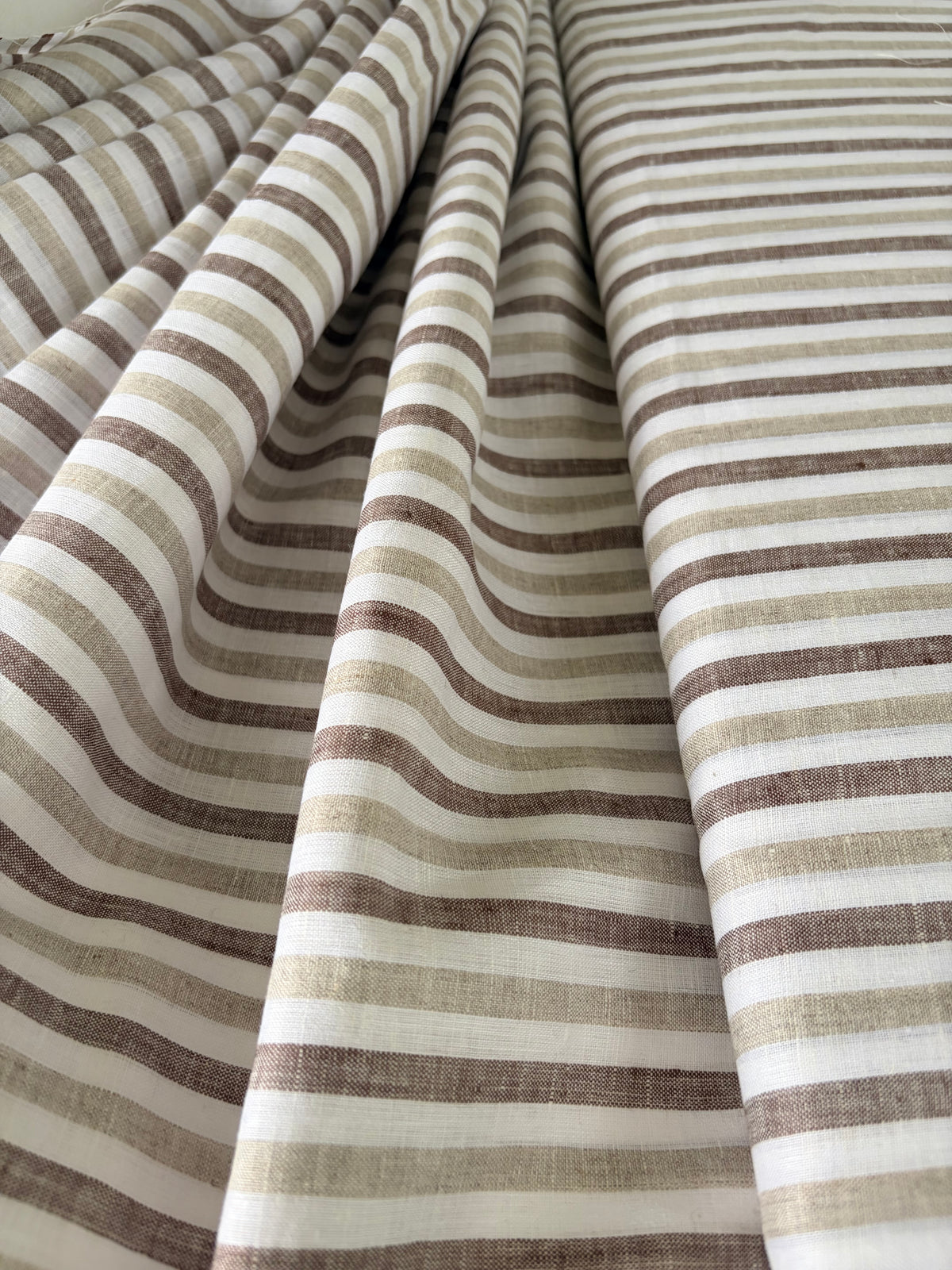 Premium Off-White Brown & Beige Striped 100% Pure Linen Fabric – 60 Lea 100% (0% Cotton)