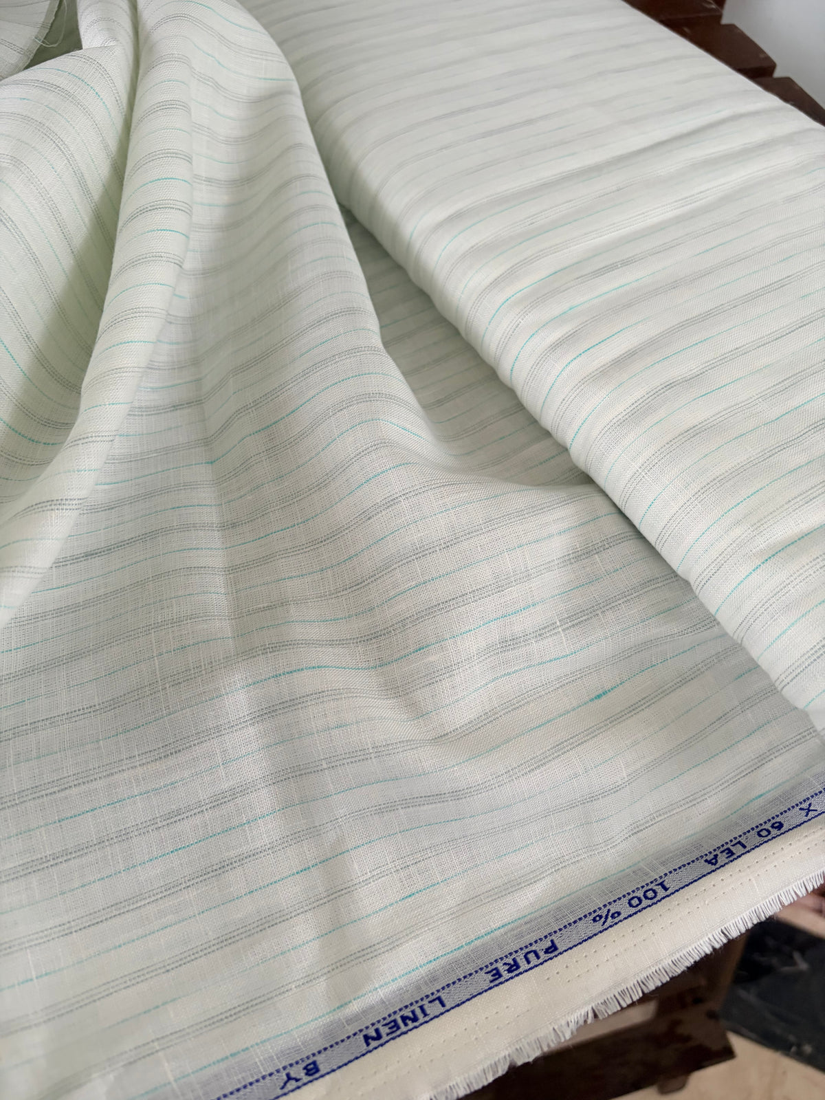 Premium White Pure Linen Fabric with Grey & Aqua Pinstripes – 100% Pure Linen Fabric – 60 Lea(0% Cotton)