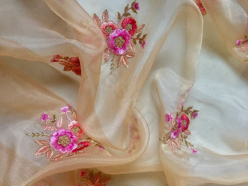Off White Flower Design 4 Embroidered Organza Fabric