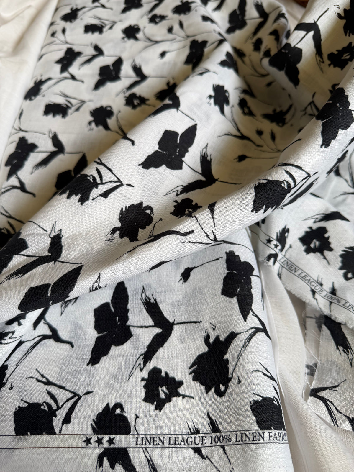 Monochrome Blossom 100% Pure Linen Digital Print Fabric 60 Lea Fabric(No cotton)