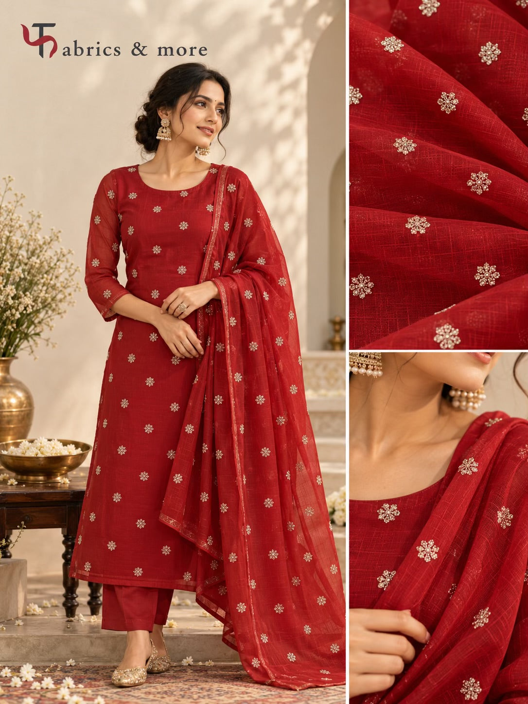 Red Chanderi Fabric with Glitter Light Golden Dori Embroidery