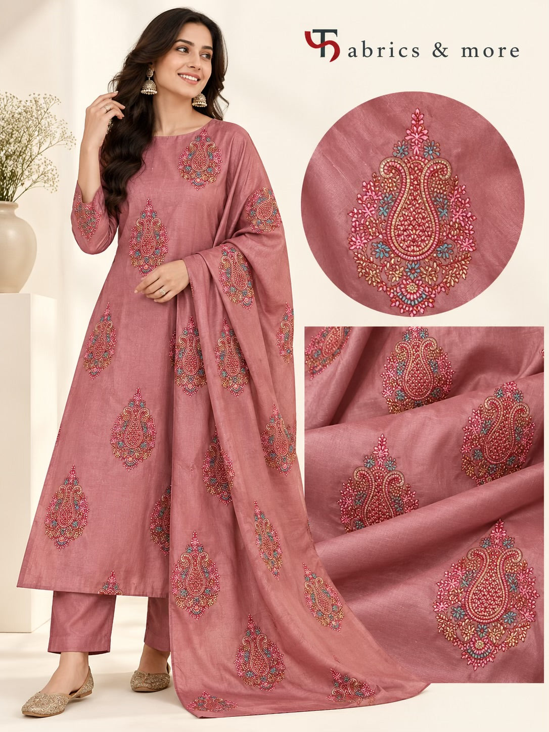 Kashmiri Butta Embroidered Chanderi Fabric – Dusty Rose