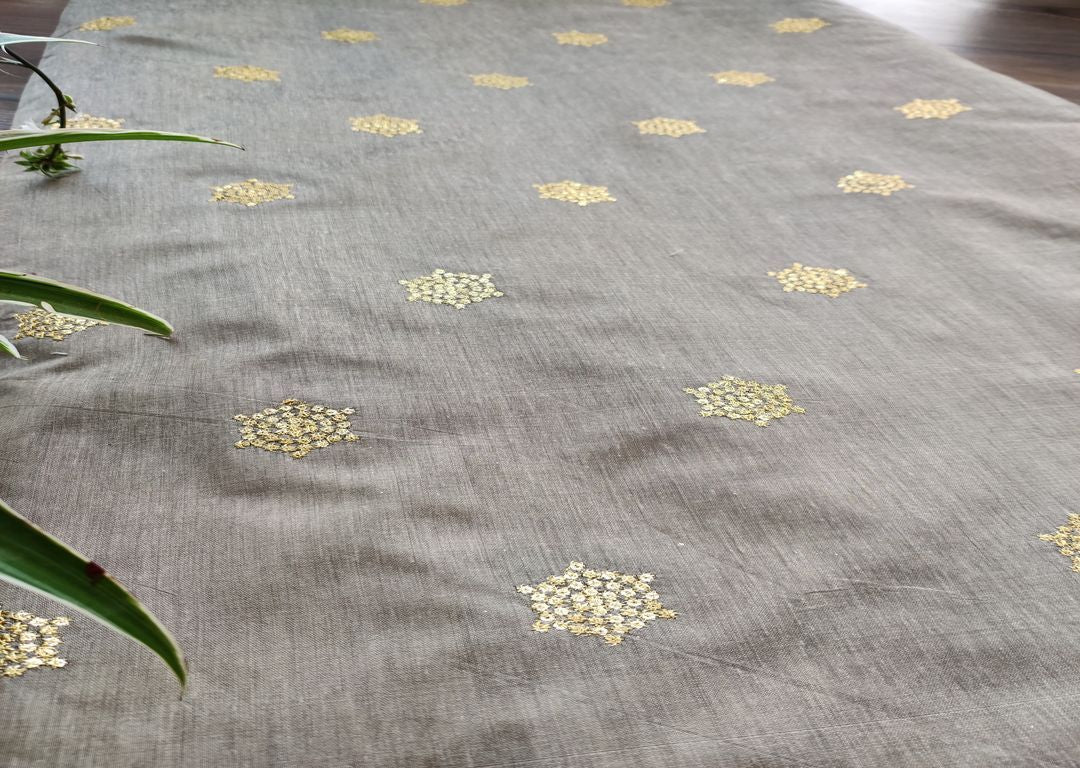 Beige Golden Floral Sequins Work Chanderi Fabric