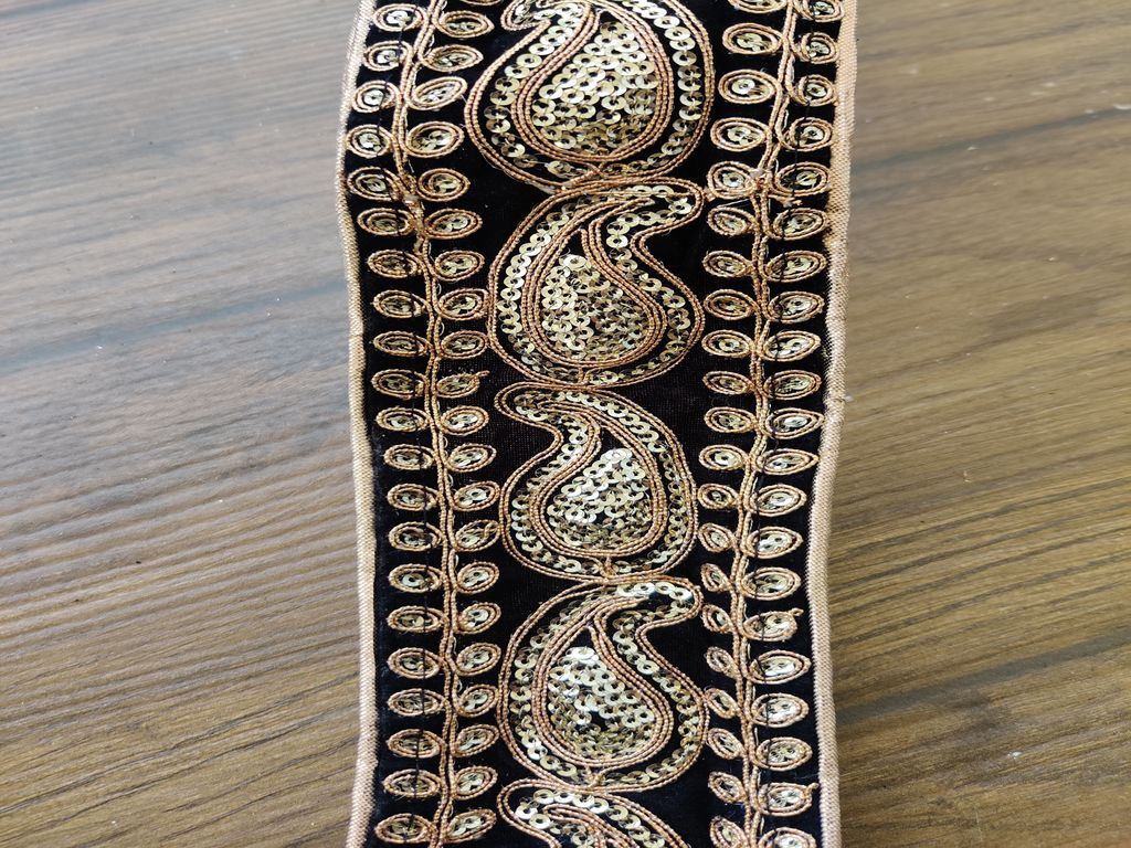 Black Golden Sequins and Thread Work Velvet Embroidered Border
