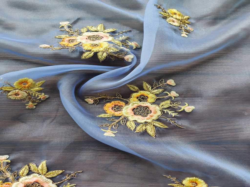 Blue Floral Embroidered Organza Fabric