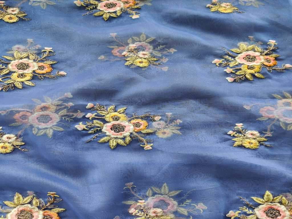 Blue Floral Embroidered Organza Fabric