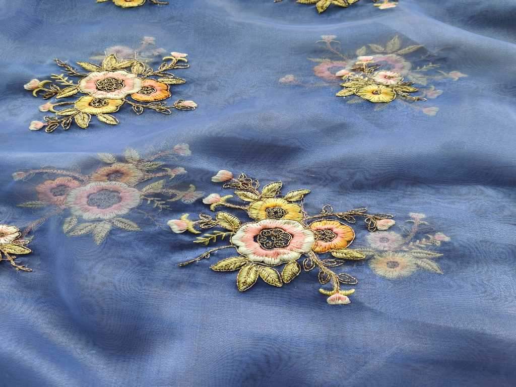 Blue Floral Embroidered Organza Fabric