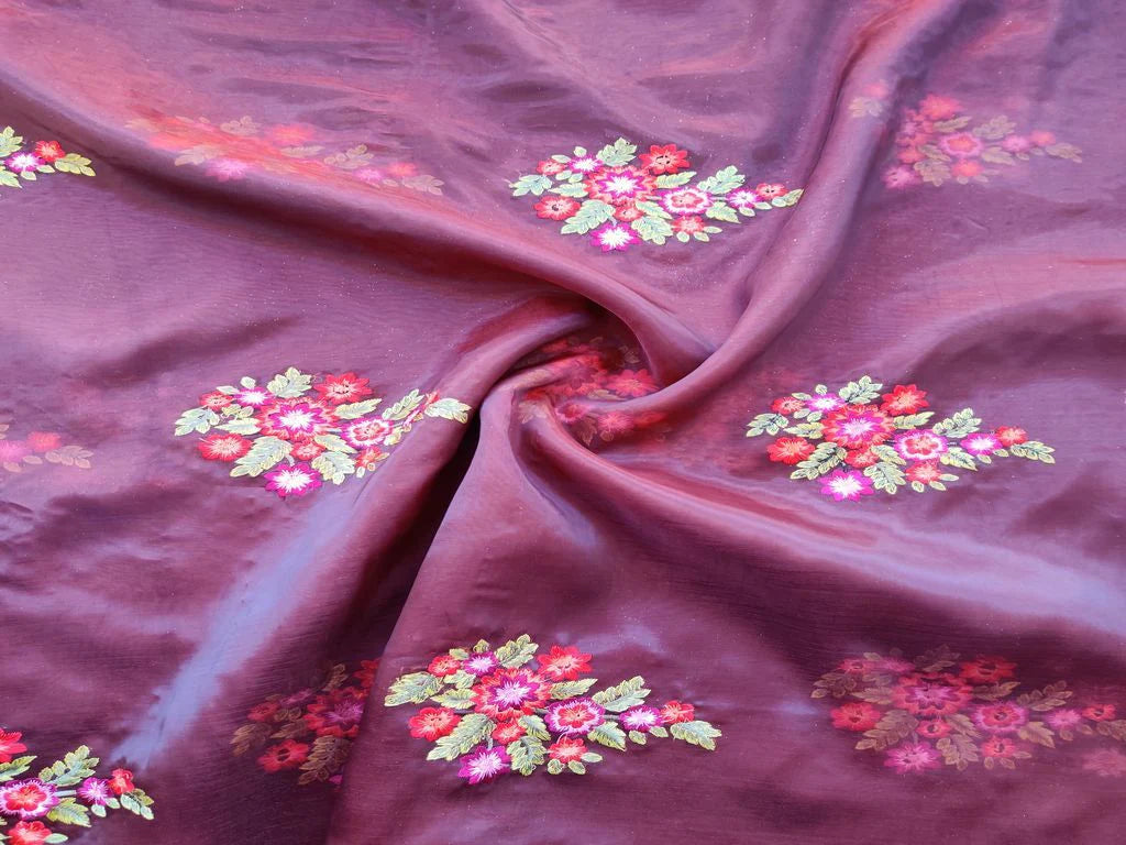 Brown Multicolour Flowers Embroidered Organza Fabric