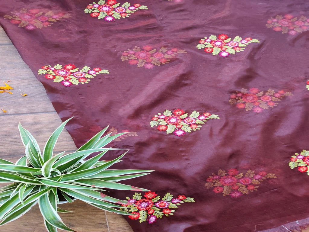 Brown Multicolour Flowers Embroidered Organza Fabric