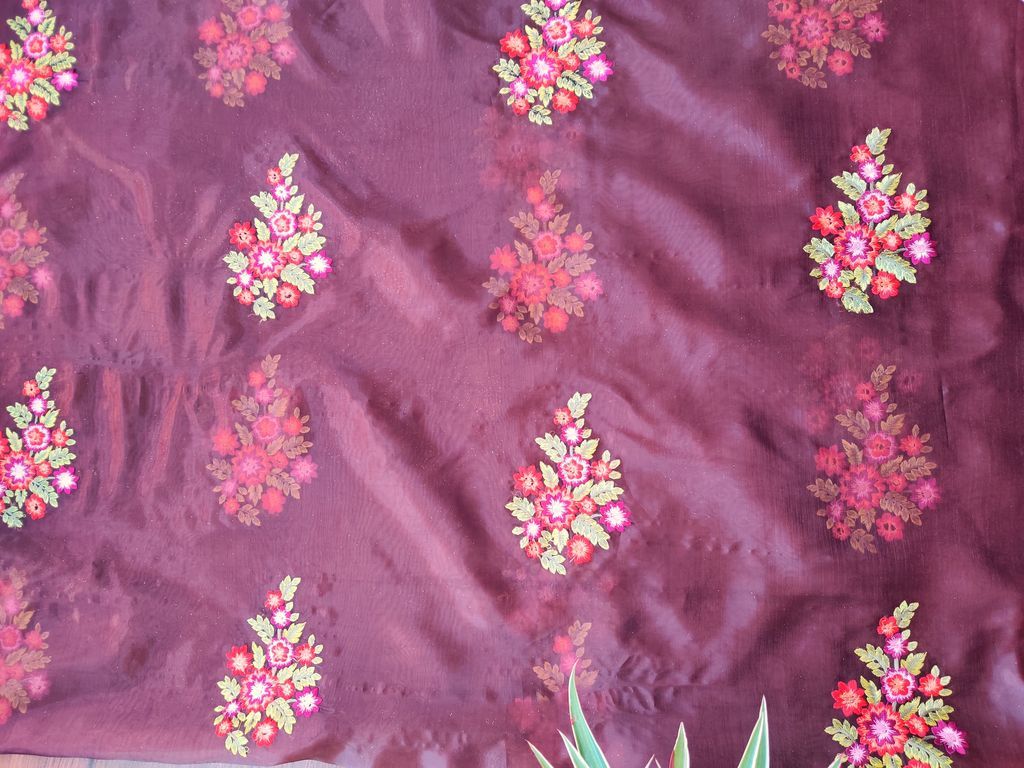 Brown Multicolour Flowers Embroidered Organza Fabric
