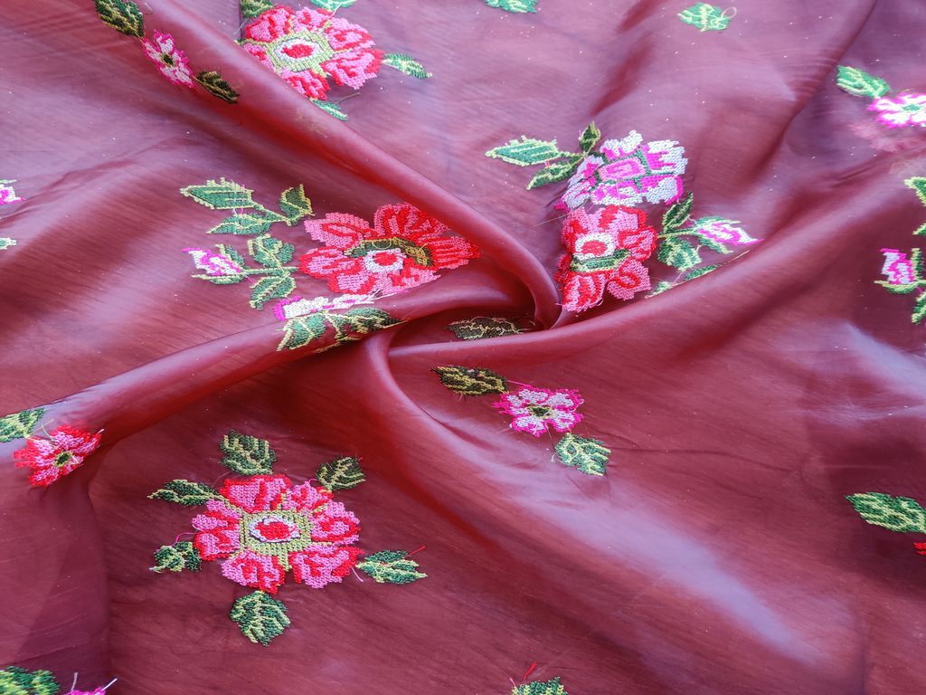 Brown Multicolour Floral Cross Stitch Embroidered Organza Fabric