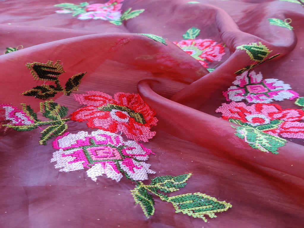 Pink Flowers Embroidered Organza Fabric