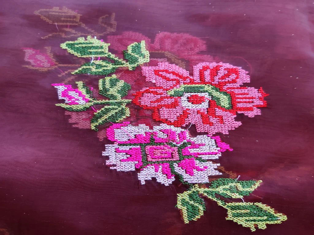 Pink Flowers Embroidered Organza Fabric