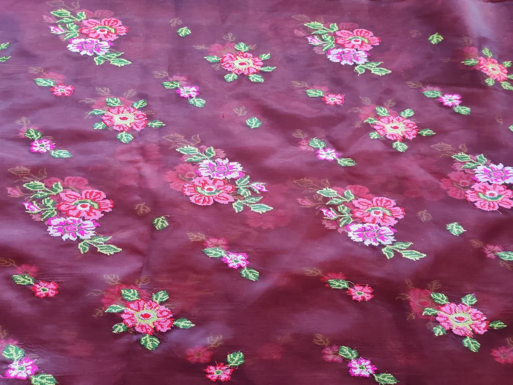 Brown Multicolour Floral Cross Stitch Embroidered Organza Fabric