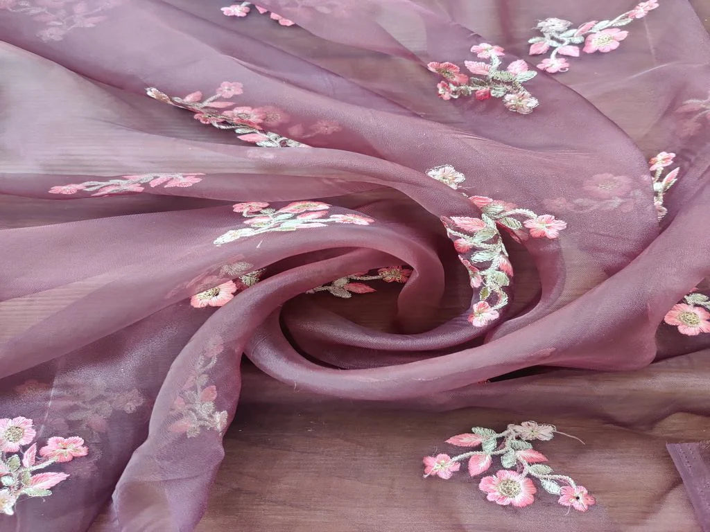 Brown Sequins Flowers Embroidered Organza Fabric