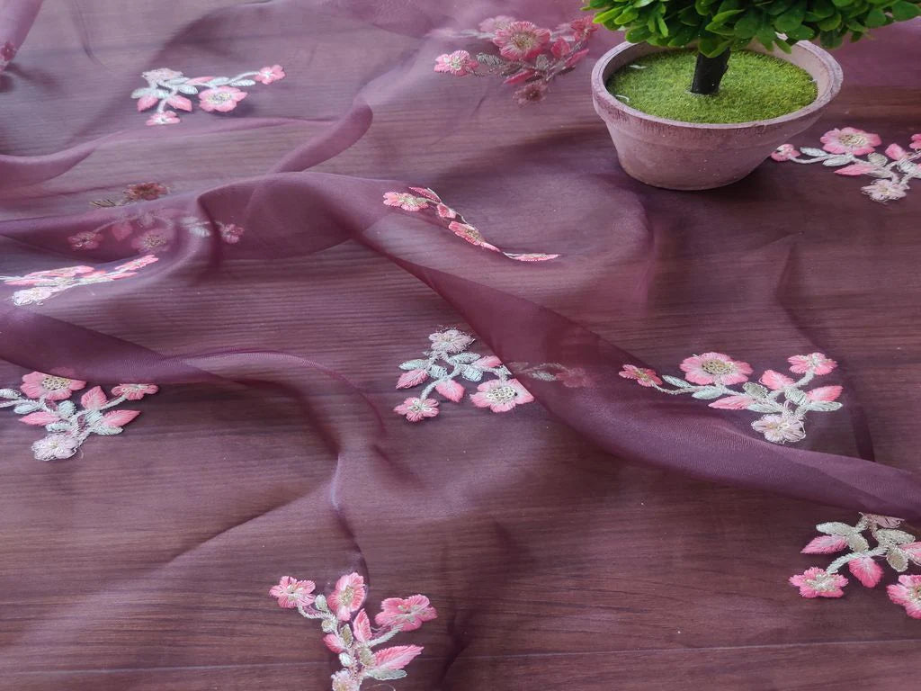 Brown Sequins Flowers Embroidered Organza Fabric