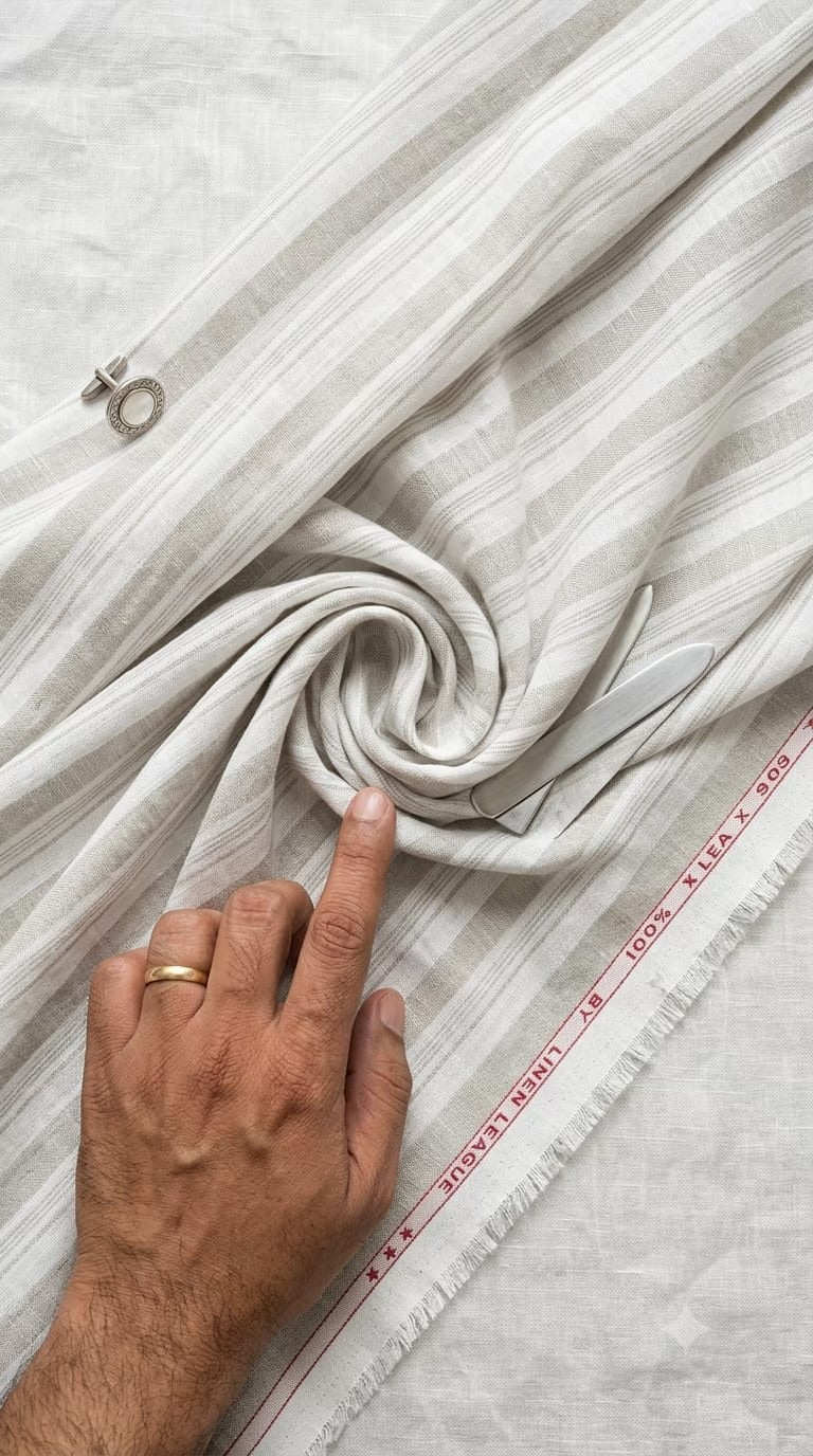 Premium White & Natural Beige 100%Pure Linen 60 Lea Striped Fabric (0% Cotton)