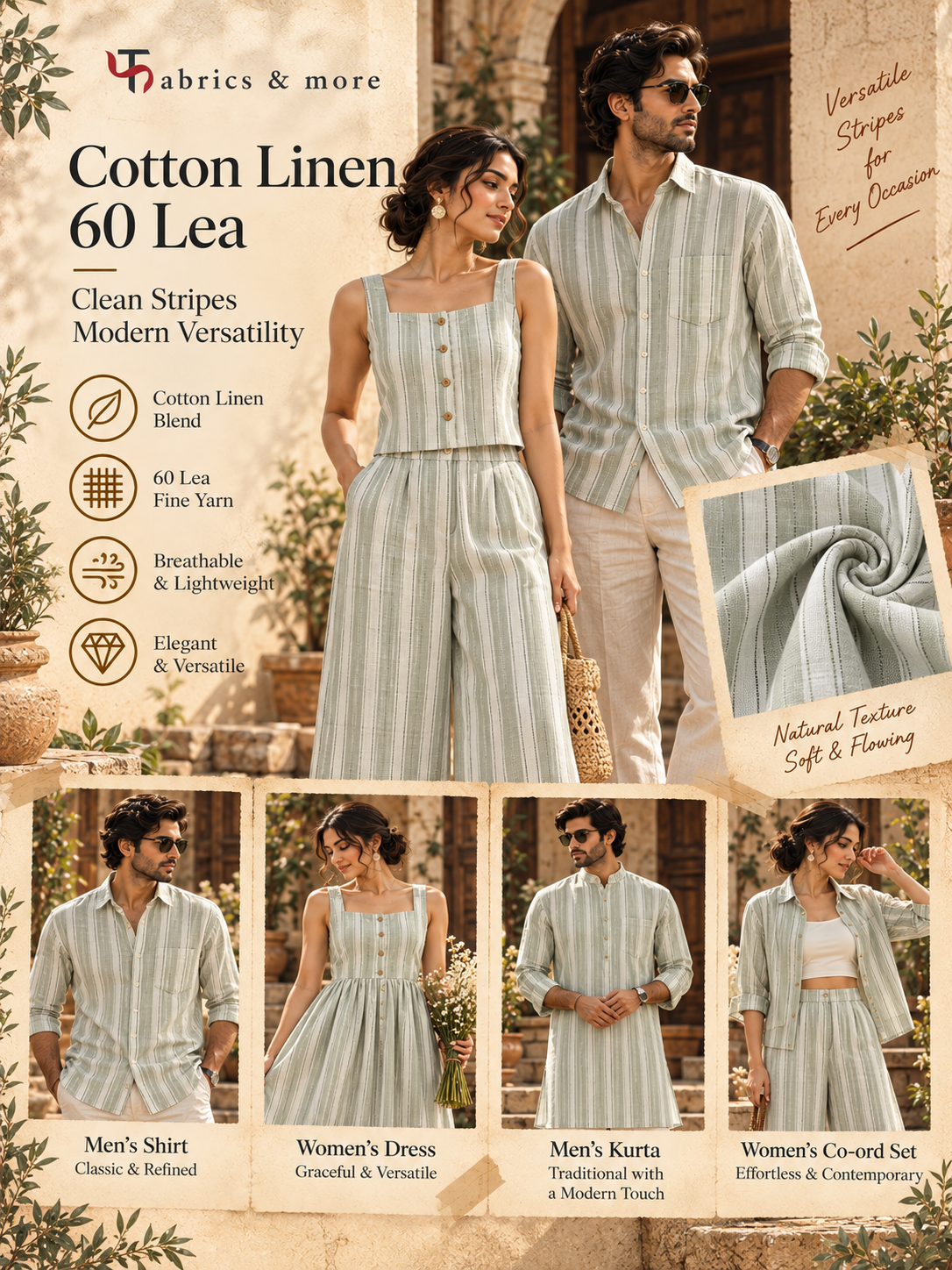 Sage Green Striped Cotton Linen 60 Lea Fabric