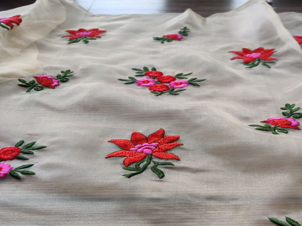 Cream Multicolour Flowers Embroidered Organza Fabric