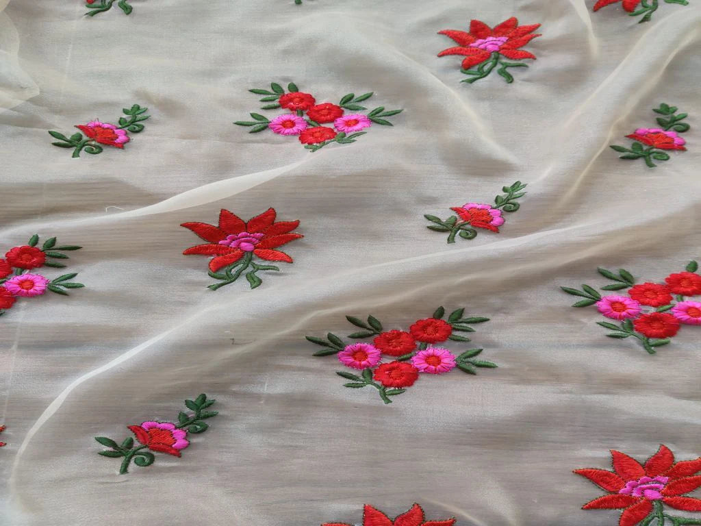 Cream Multicolour Flowers Embroidered Organza Fabric