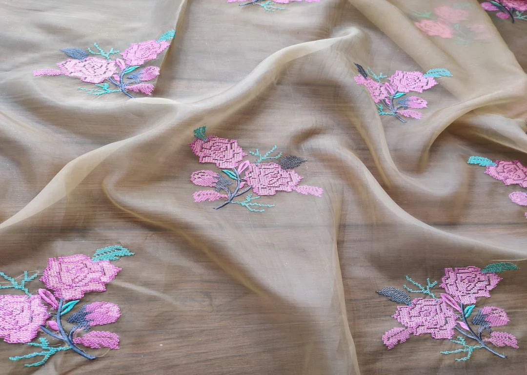 Cream Floral Cross Stitched Embroidered Organza Fabric
