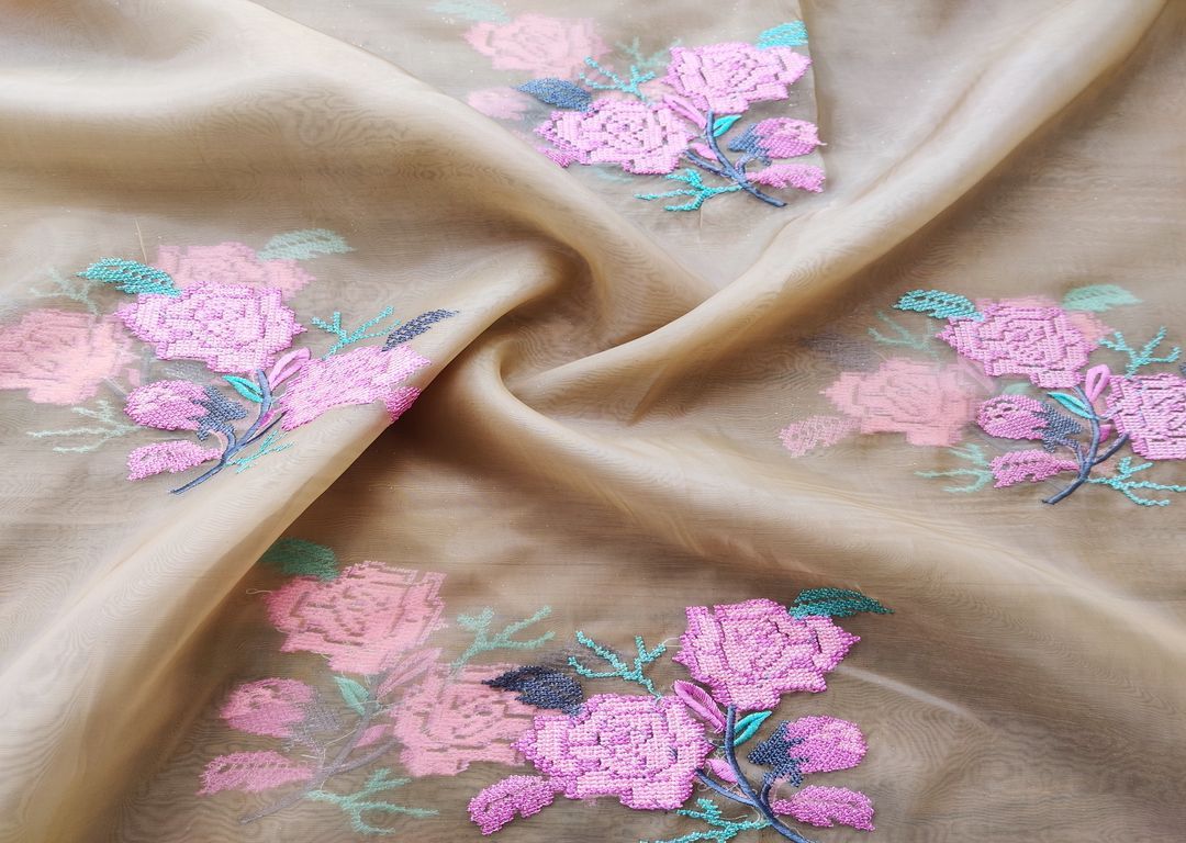 Cream Floral Cross Stitched Embroidered Organza Fabric