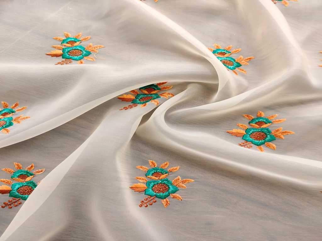 Cream Floral Embroidered Organza Fabric