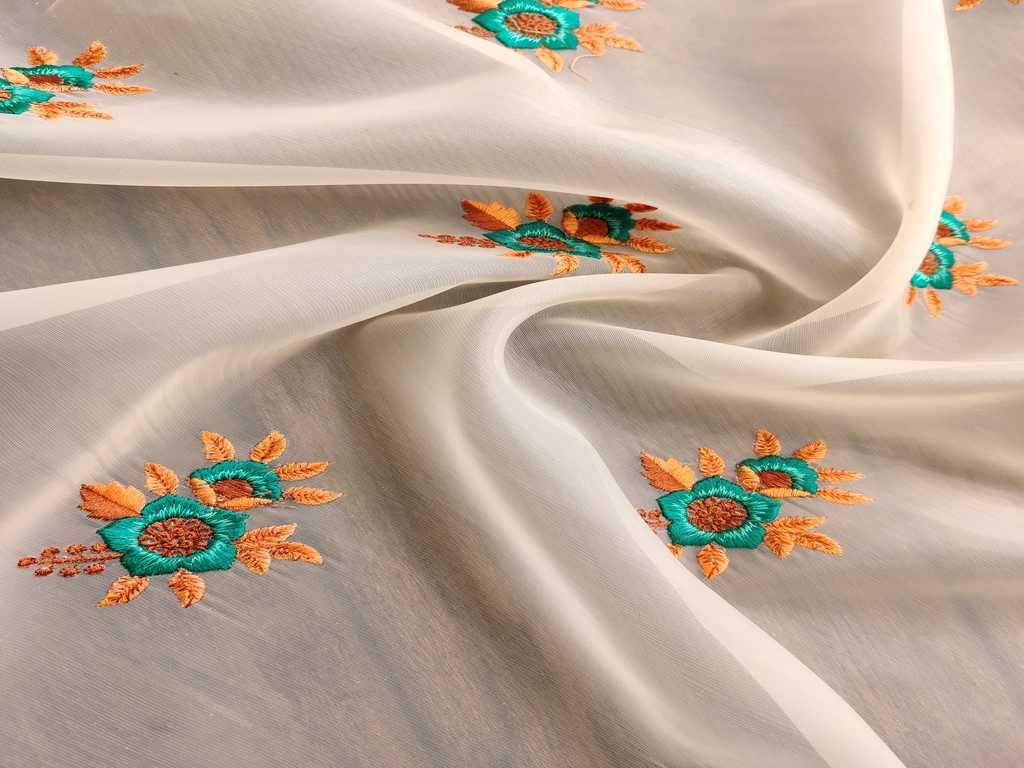 Cream Floral Embroidered Organza Fabric