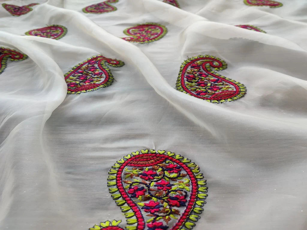 Cream Multicolour Paisley Kashmiri Motifs Embroidered Organza Fabric