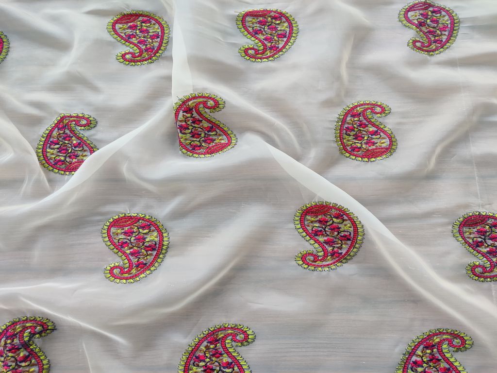 Cream Multicolour Paisley Kashmiri Motifs Embroidered Organza Fabric