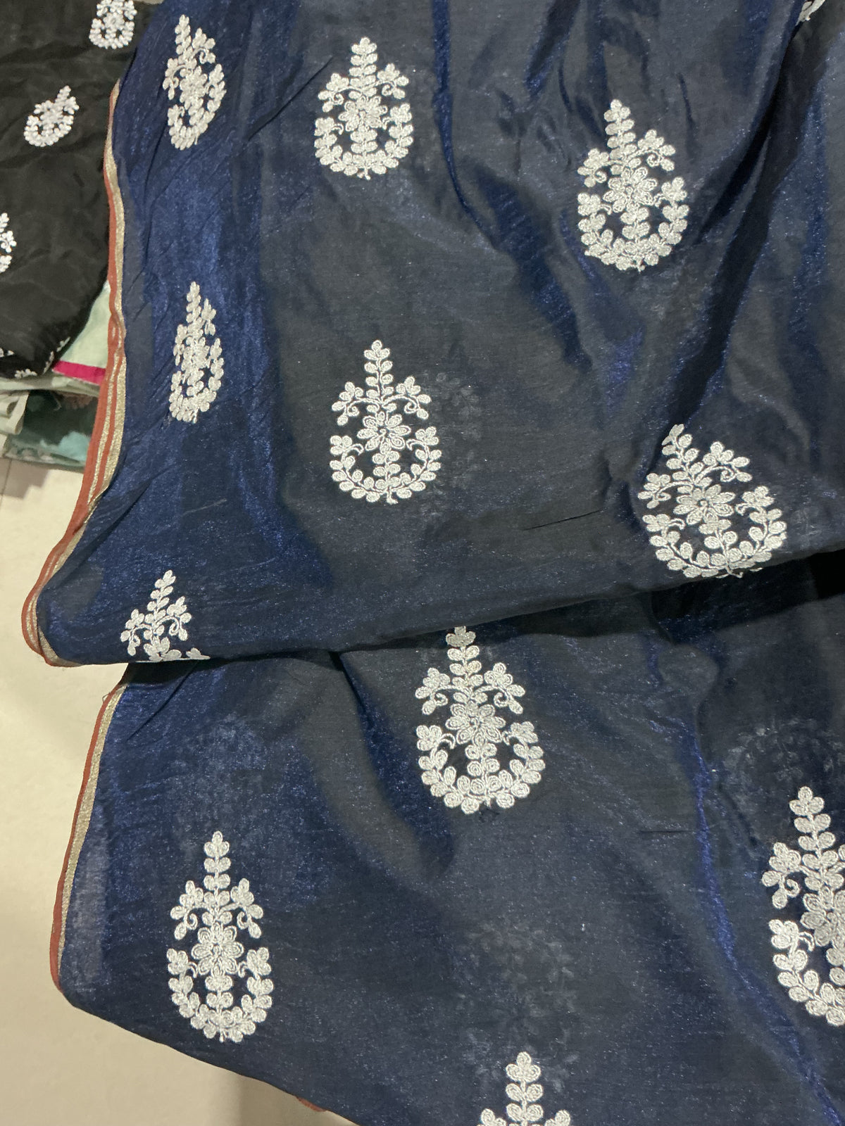 Navy Blue with White Dori Embroidered Motifs Chanderi Fabric