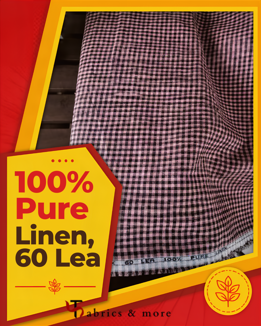 Dusty Pink & Black Gingham Check 100% Pure Linen Fabric 60 Lea (No cotton)