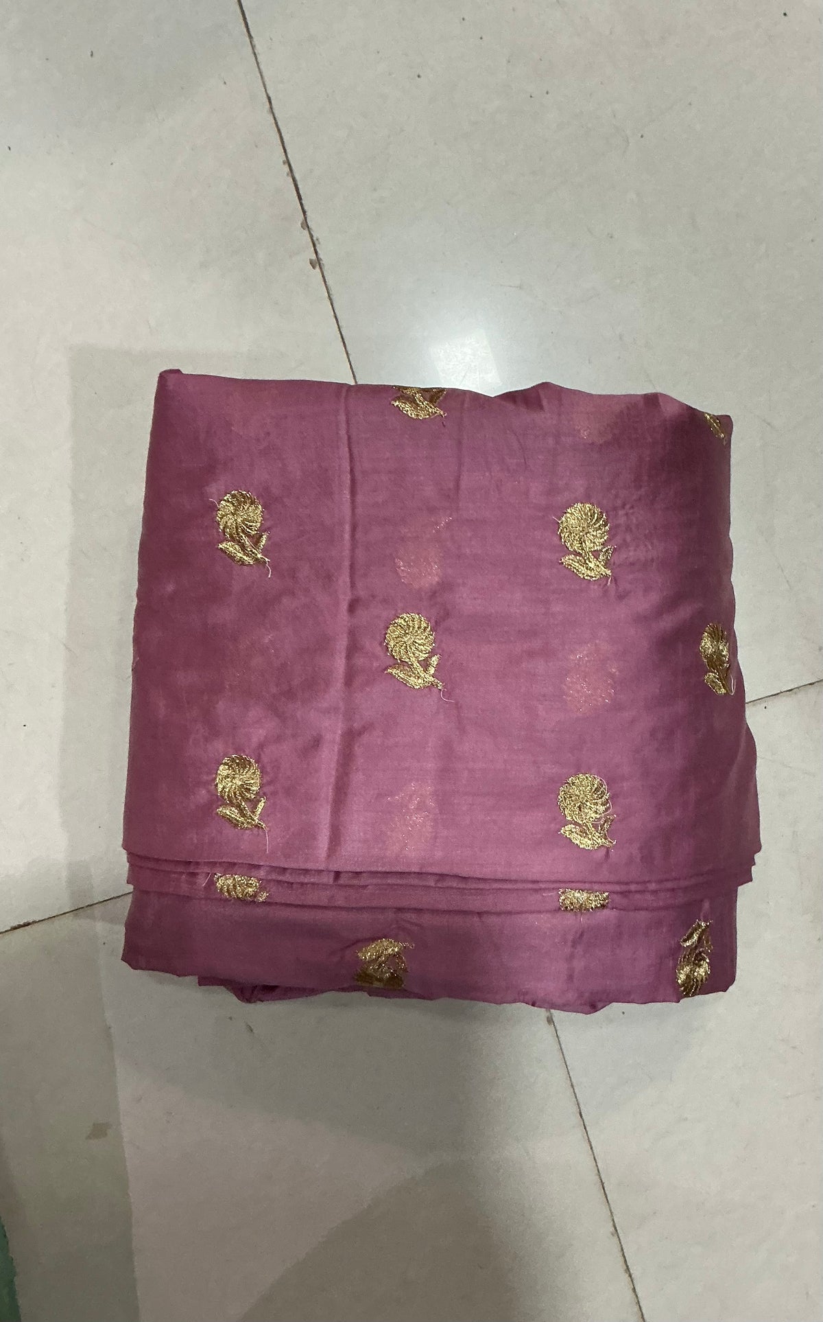 Mauve Dusty Purple Malai Chanderi Fabric with Light Golden Jari Embroidery - folded fabric detail