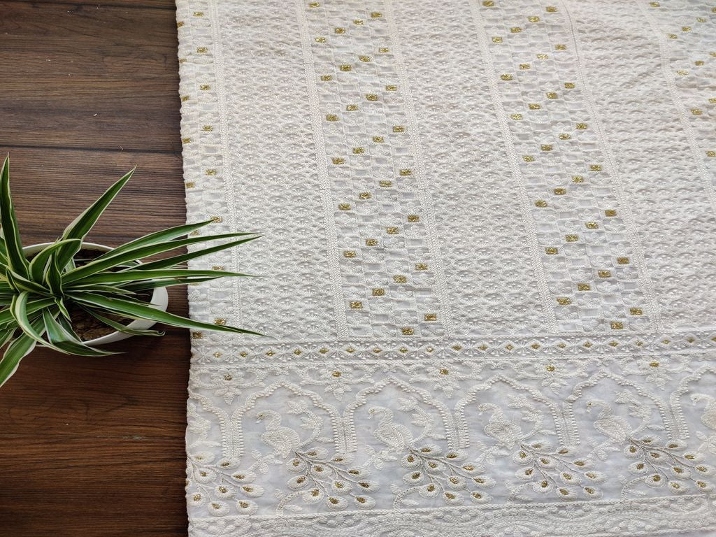 White Floral Lakhnawi Embroidered Dyeable Georgette Fabric