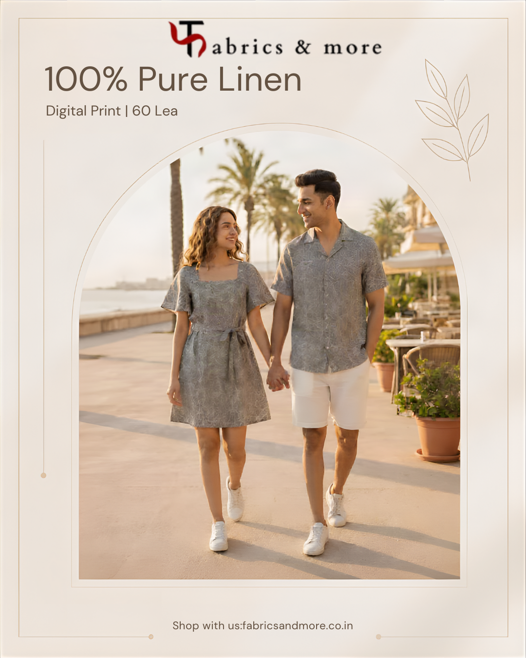 Charcoal Grey Leaf Line-Art Digital Print 100% Pure Linen Fabric 60 Lea (0% Cotton)