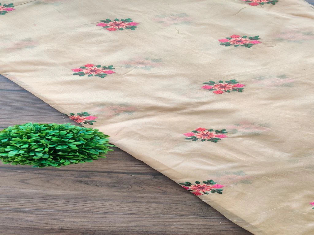 Golden Flower Motifs Embroidered Chanderi Fabric