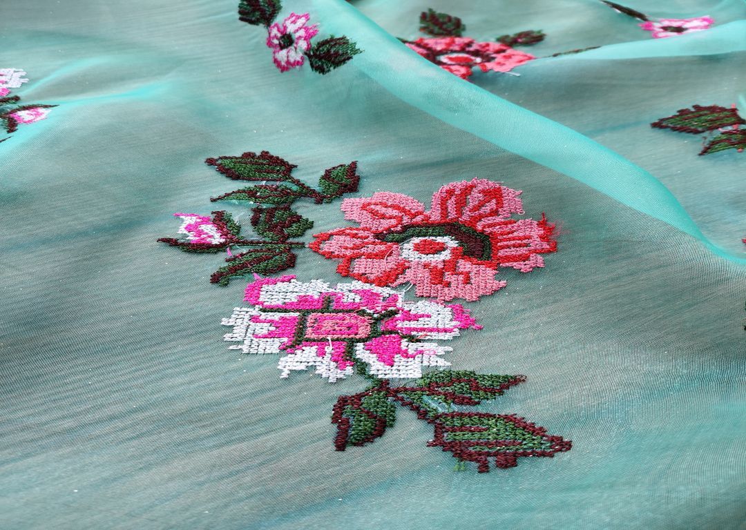 Green Floral Cross Stitched Embroidered Organza Fabric