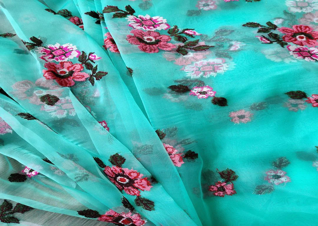 Green Floral Cross Stitched Embroidered Organza Fabric