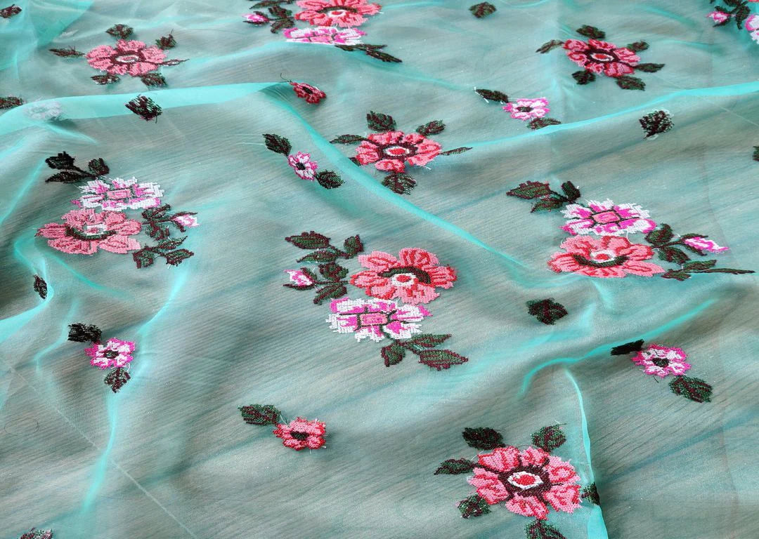 Green Floral Cross Stitched Embroidered Organza Fabric