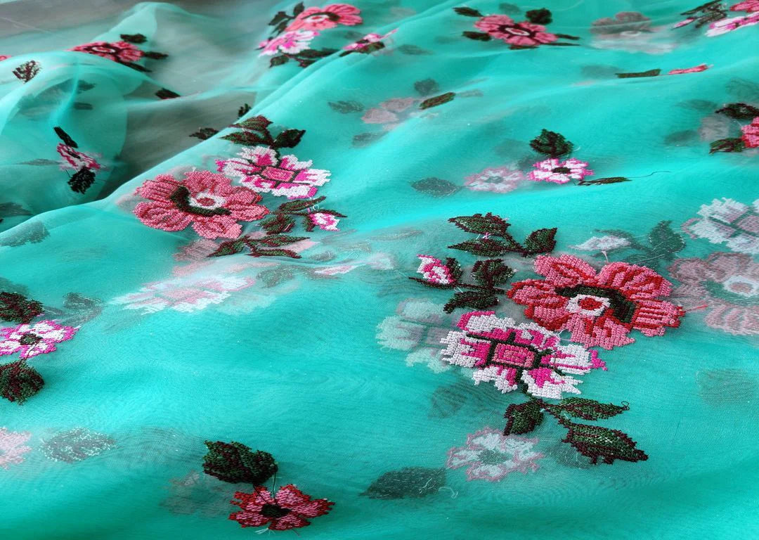 Green Floral Cross Stitched Embroidered Organza Fabric