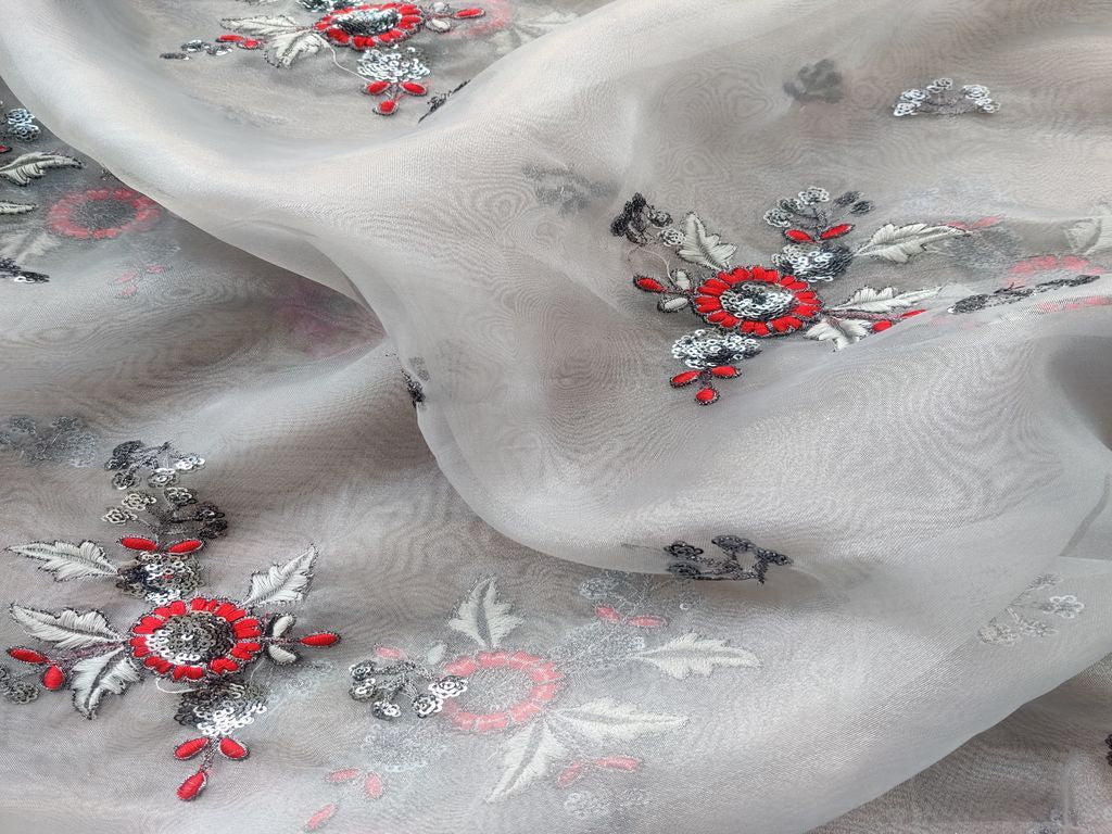 Gray Flowers Thread and Sequins Embroidered Organza Fabric