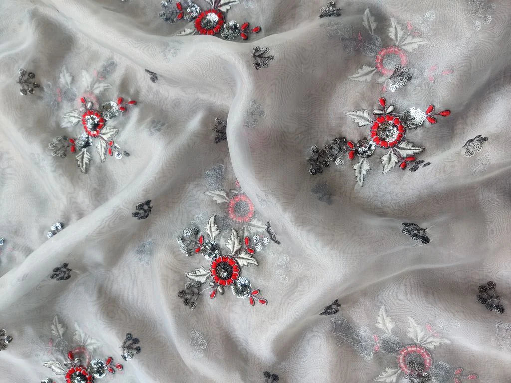 Gray Flowers Thread and Sequins Embroidered Organza Fabric