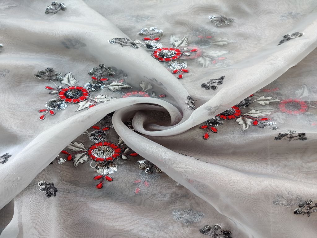 Gray Flowers Thread and Sequins Embroidered Organza Fabric