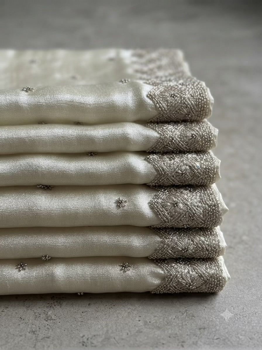 Luxurious Dyeable Russian Silk Fabric with Hand Work (Ideal for Designer Sarees & Dupattas)